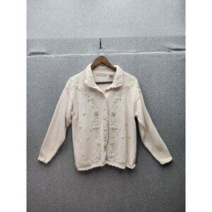 VTG Carolyn Taylor Embroidered Floral Ivory Cardigan Sweater M/L Button Front Co